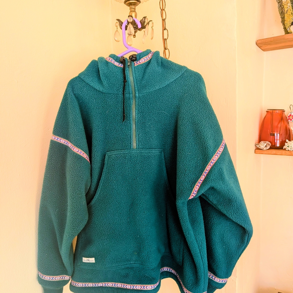 Teal Hooded Fleece Pullover With Southwest Decorative Pattern